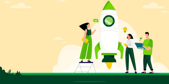 Start-up Bild mit Personen und einer Rakete