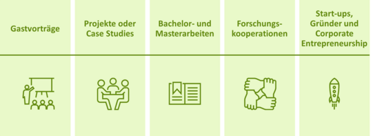 Die Graphik zeigt die 5 Kooperationsmöglichkeiten mit dem TIE Institut