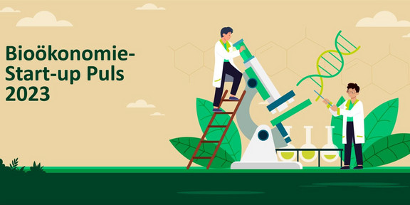 Cover des Bioökonomie Start-up Puls 2023 Titelbild des Reports des Bioökonomie Start-up Puls 2023 mit Titel und Illustration