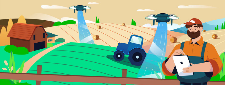 Bild zum Thema Smart Farming mit Landwirt mit Tablet und ferngesteuerten Geräten