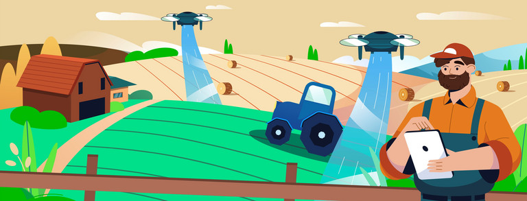 Smart Farming Bild zum Thema Smart Farming mit Landwirt mit Tablet und ferngesteuerten Geräten